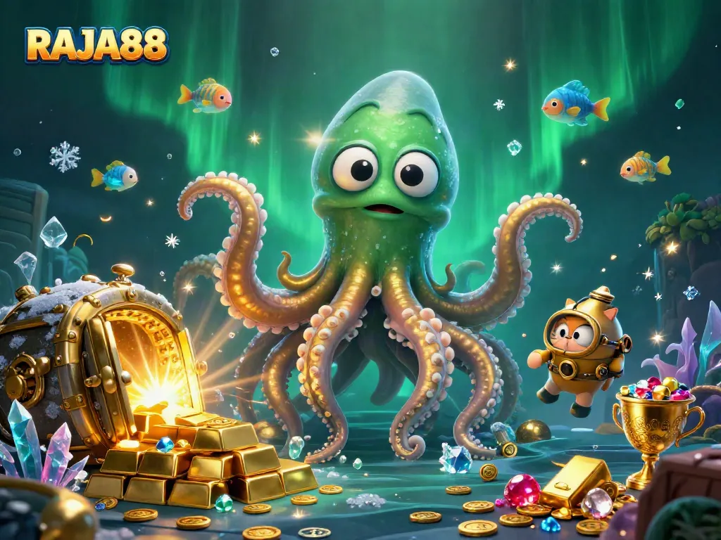 Menangkan peluang di RAJA88 dengan ilustrasi 3D yang detail, menampilkan kraken dan karakter menarik lainnya.