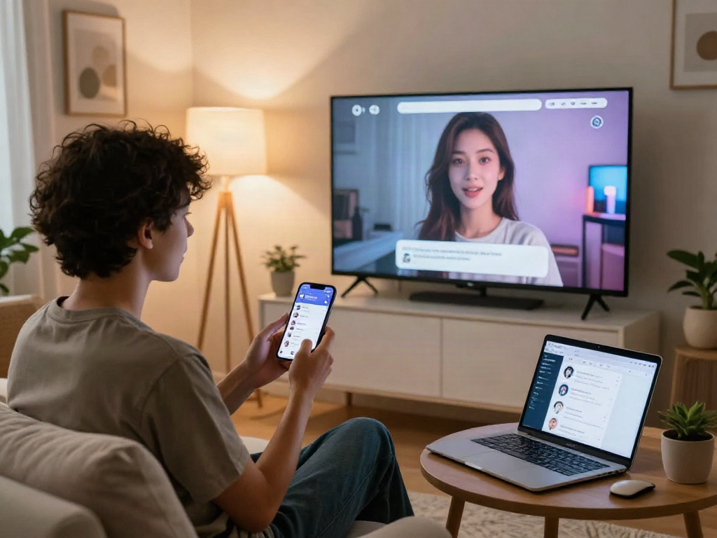 Engaging sex AI chat experience in a cozy room with a user interacting with a digital avatar on a smartphone and laptop.