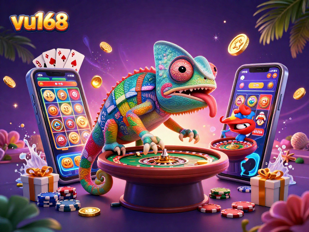 Experience exciting gambling moments at vu168 with a vibrant casino illustration of a chameleon owner and fun gaming elements.