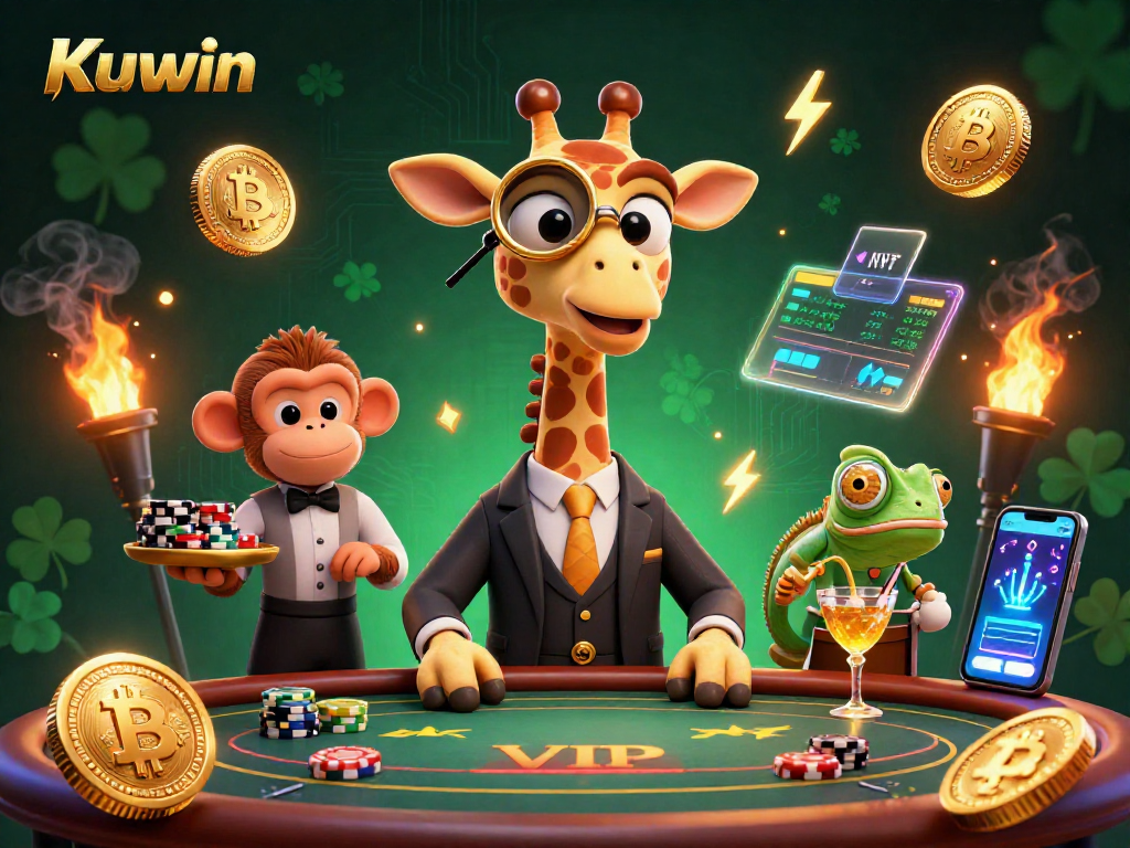 Kuwin showcases a high-roller giraffe at a VIP poker table surrounded by vibrant gambling elements.