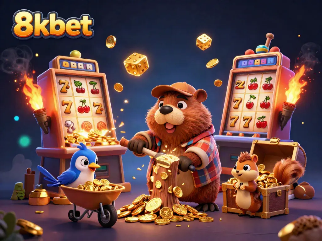 Experience vibrant 8xbet excitement with a 3D scene of a beaver, bird, and squirrel collecting golden coins.