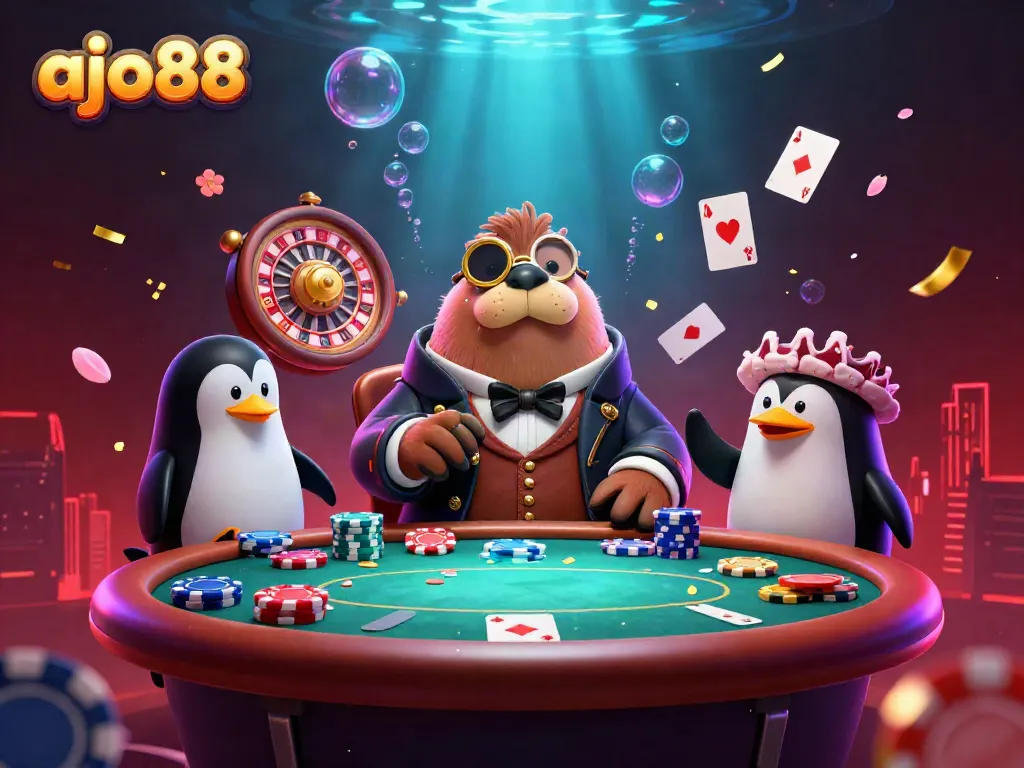 Permainan poker interaktif di AJO88, dengan walrus dan penguin sebagai dealer dalam suasana ceria.