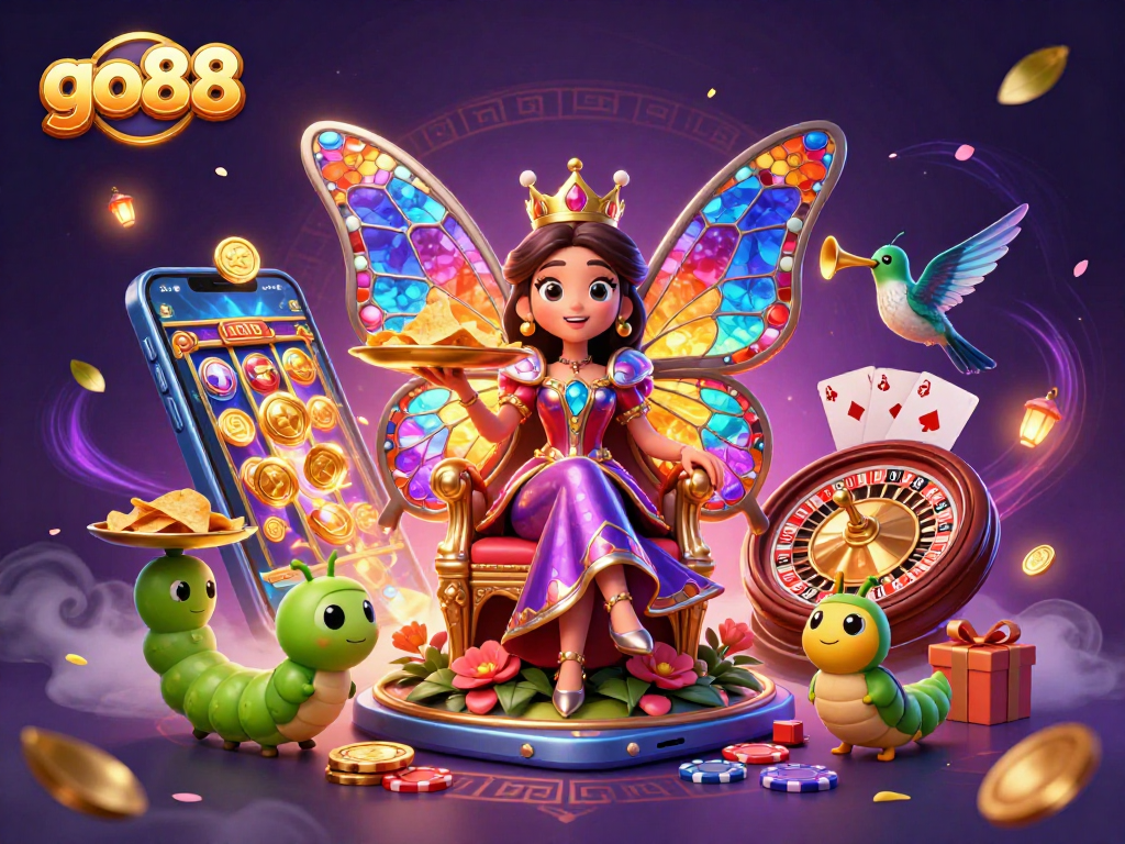 Experience go88's exciting casino games with a vibrant scene featuring the butterfly queen and dynamic gaming elements.