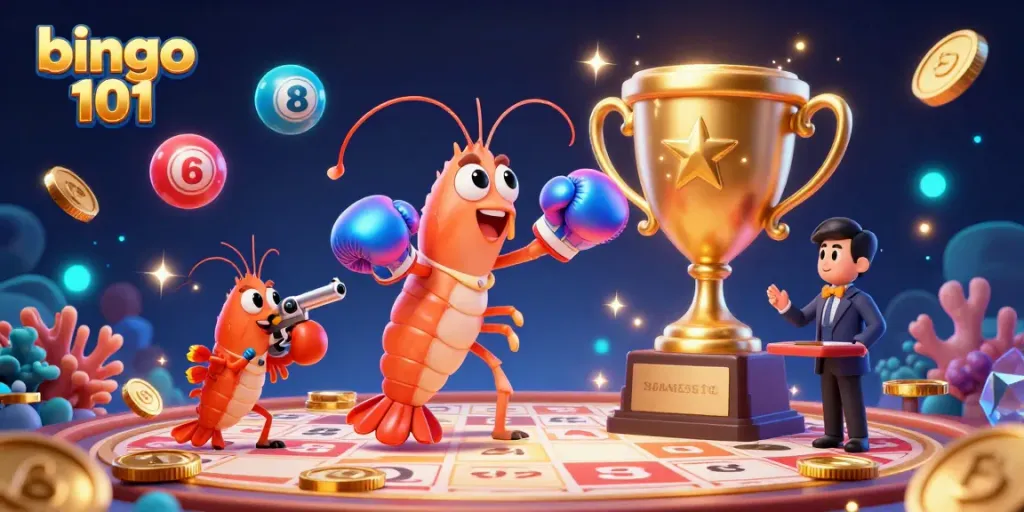 Engage in thrilling bingo fun with this vibrant bingo 101 illustration featuring dynamic bingo balls and characters.