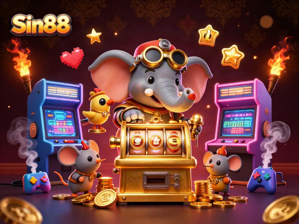 Experience the excitement of Sin88 as a steampunk elephant operates a golden slot machine amidst a vibrant casino scene.