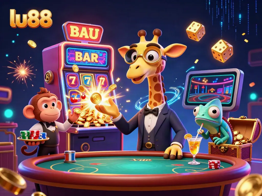 Engage with LU88's vibrant casino scene featuring a high-roller giraffe, monkey valet, and gaming excitement.