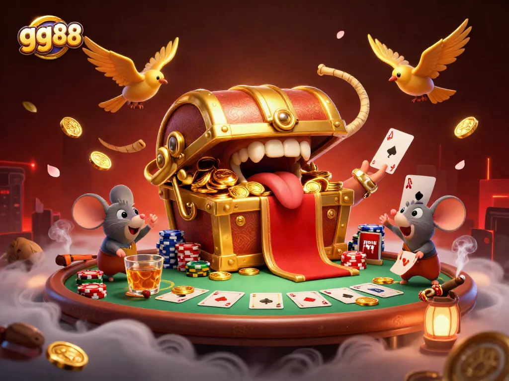 Engage with the thrilling gg88 casino adventure featuring a treasure chest, poker elements, and mystical ambiance.
