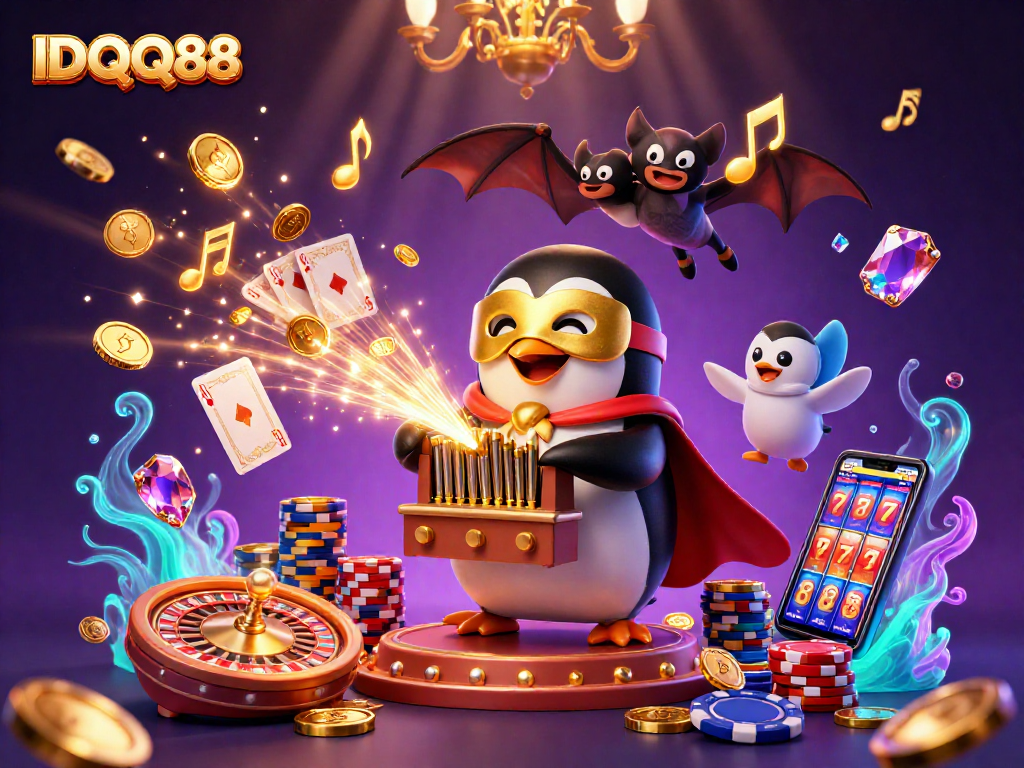 Experience thrilling moments with IDQQ88, featuring a penguin organist amidst casino excitement.