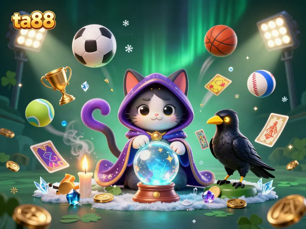 Experience the thrill of ta88 with a mystical fortune teller, glowing raven, and dynamic sports elements.