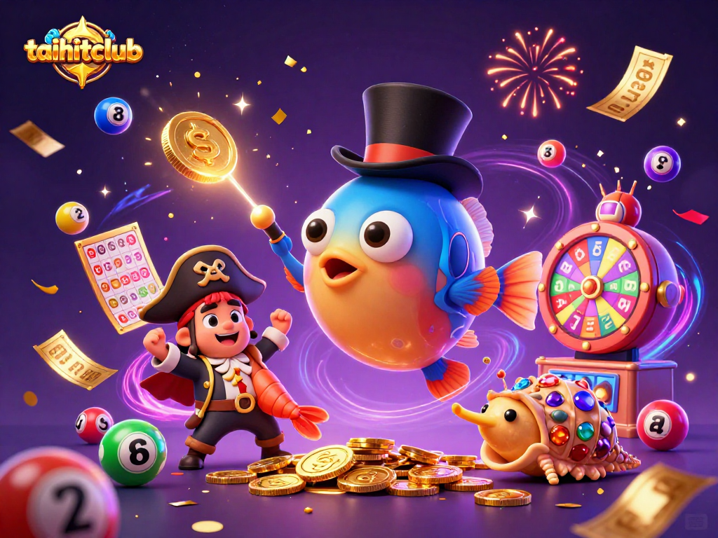 Taihitclub showcases a thrilling 3D illustration of an anglerfish, a pirate shrimp, and a gem snail celebrating lottery wins.