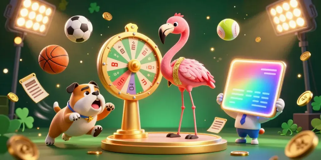 Engage with singatoto's exciting gambling scene featuring a lively game show atmosphere, dynamic sports elements, and fun characters.