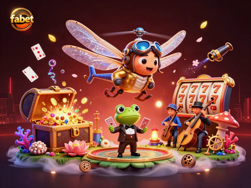 Spin the reels at fabet with a 3D dragonfly pilot and a frog croupier amidst vibrant casino chaos.