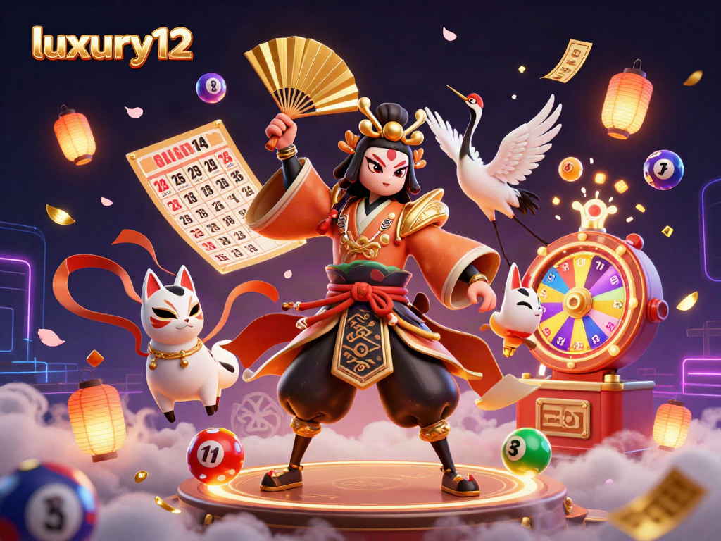 Spin to win with luxury12 in a colorful lottery-themed 3D illustration featuring mystical characters.