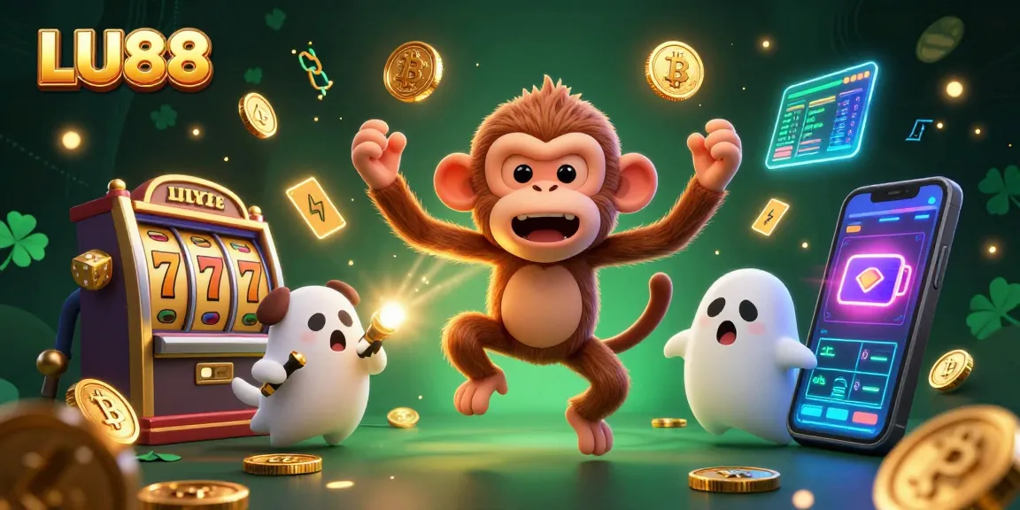 LU88 slots and jackpots come alive as a lively monkey juggles coins in a haunted casino.