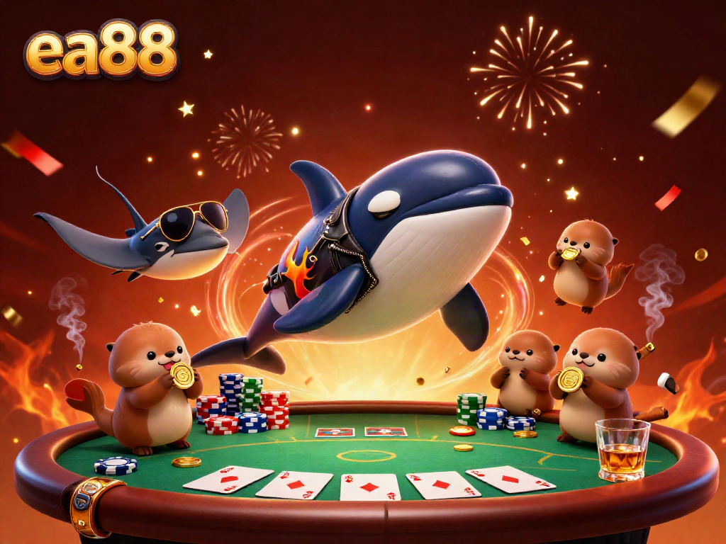 ea88 showcases a fun 3D casino scene with cartoon characters gambling under vibrant confetti.