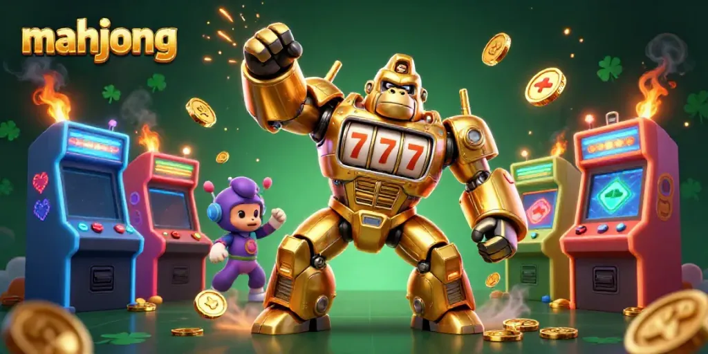Mengalami mahjong dengan mesin slot berlapis emas dalam ilustrasi kasino yang hidup.