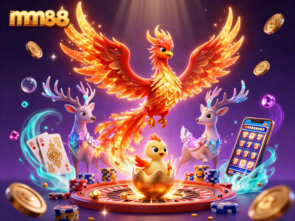 mm88 gaming scene featuring a phoenix, baby chick, and stag amidst vibrant casino elements.