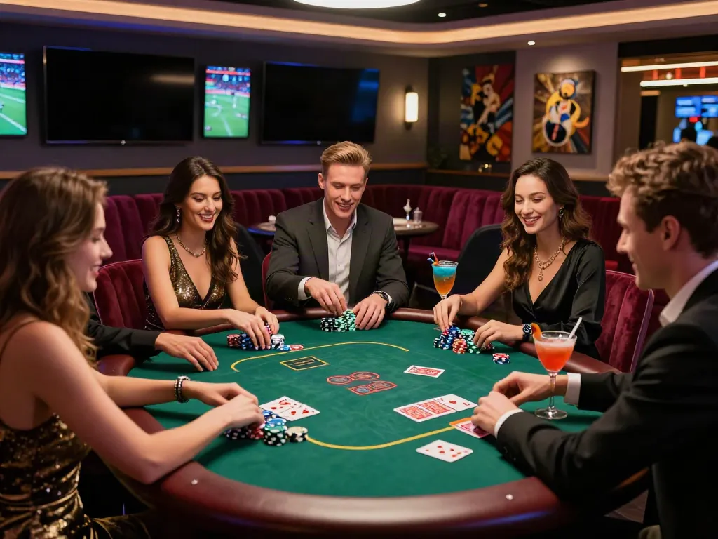 Group of friends enjoying peh888-themed poker night in a stylish lounge.