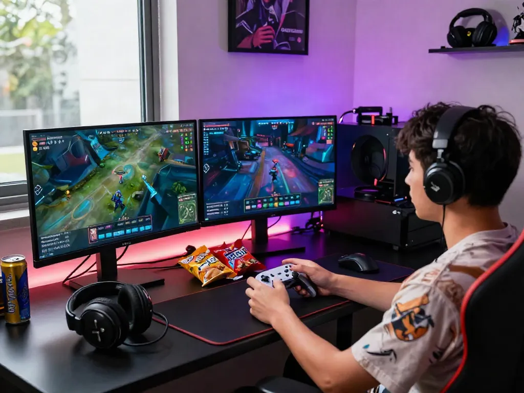 Immersive gaming experience with QQMacan on dual monitors and vibrant decor.
