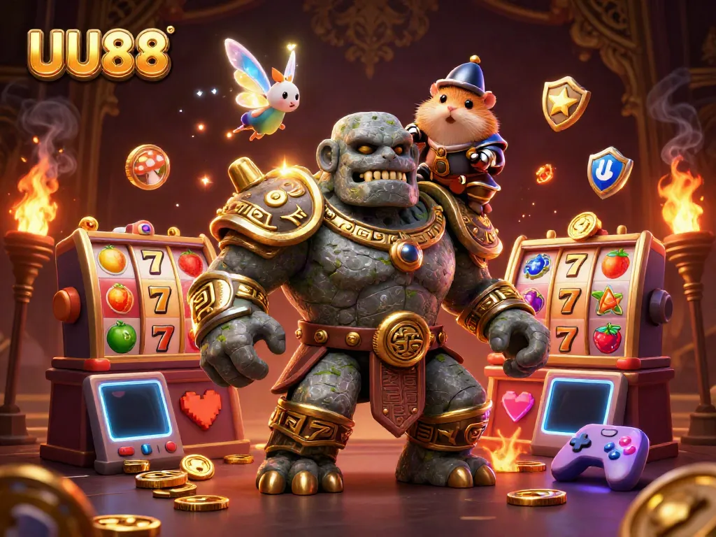 Experience the excitement of UU88 with ancient guardians and vibrant casino elements.