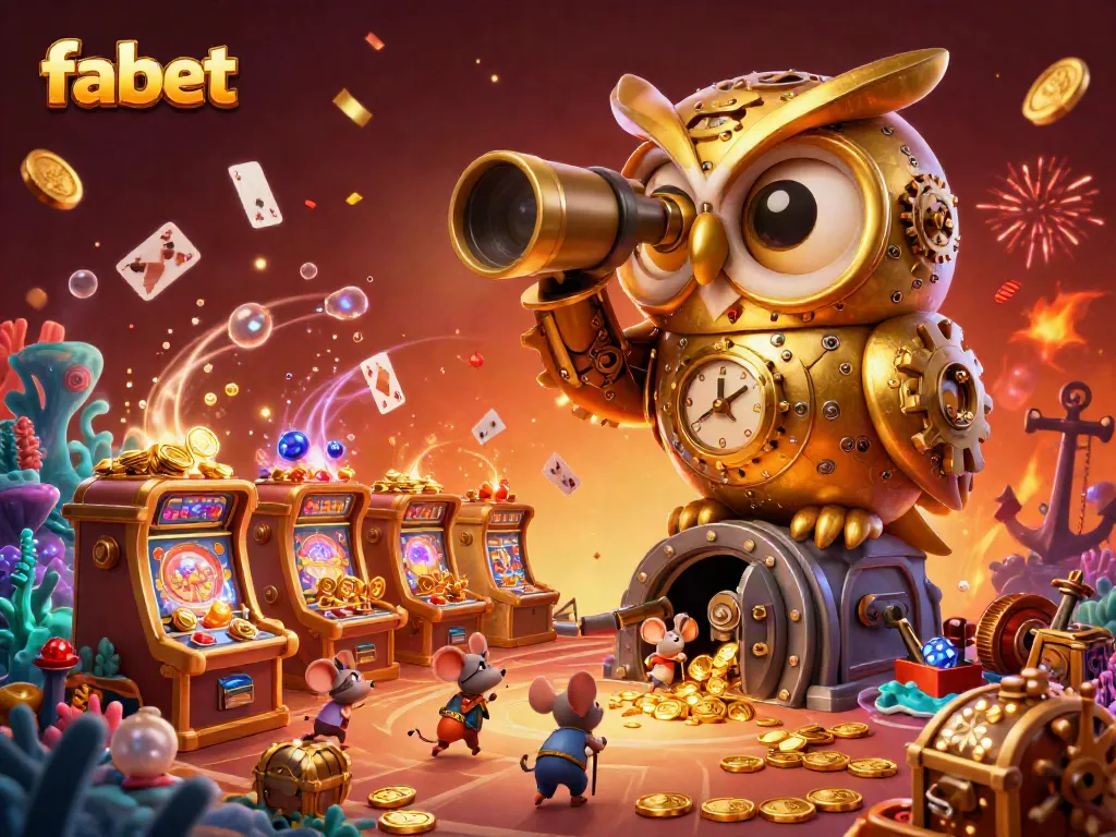 Experience fabet's vibrant casino atmosphere with a golden owl and whimsical mice amidst fabulous games.