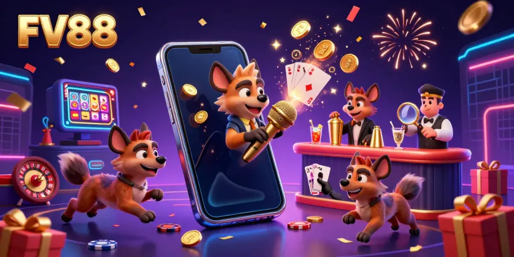 Experience thrilling casino action with FV88 hyena characters in a vibrant comedy club setting.