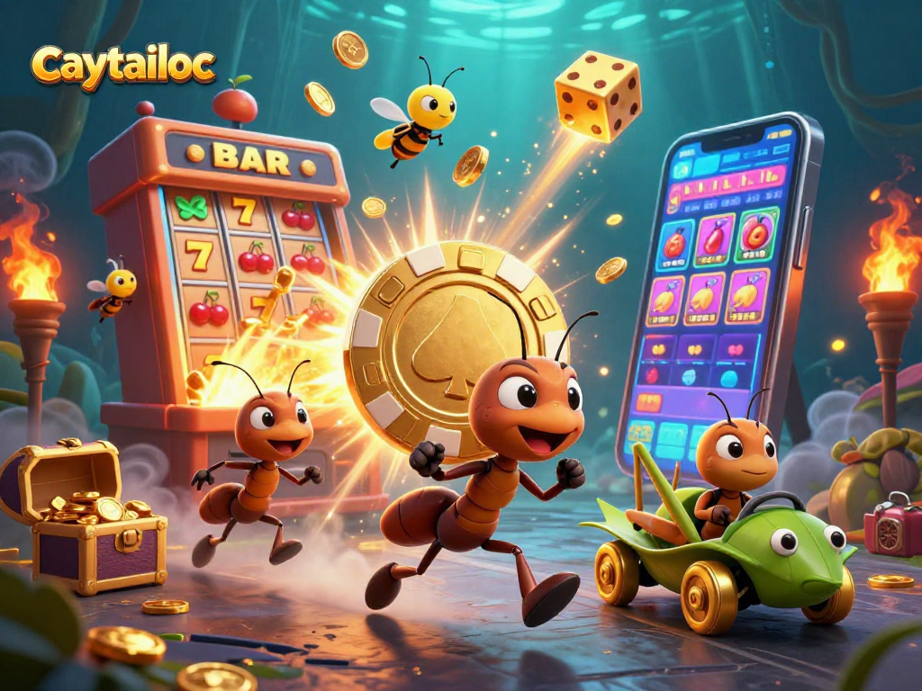 Engaging scene of ants heisting a giant poker chip in the caytailoc slot game, with vibrant casino elements.