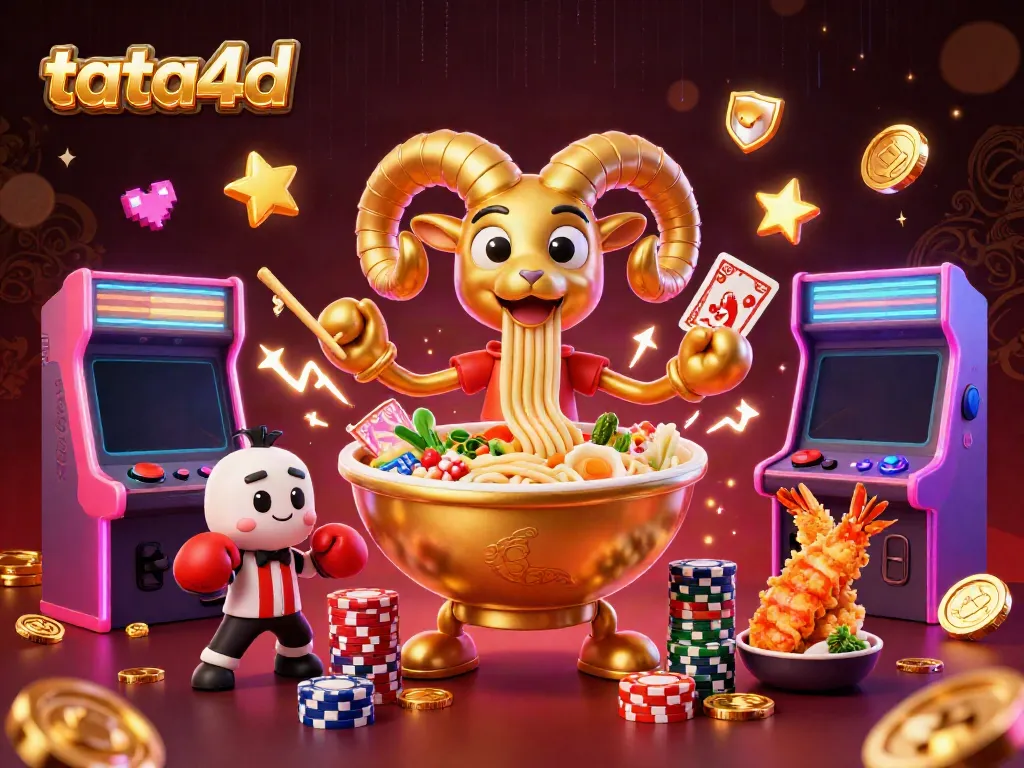 Join the thrill of tata4d as the golden ramen bowl deals cards amidst colorful gaming elements.