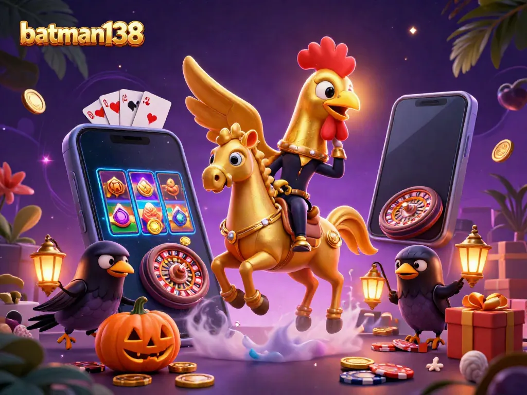 Engage with batman138 in a vibrant casino scene featuring golden rooster characters with gaming elements