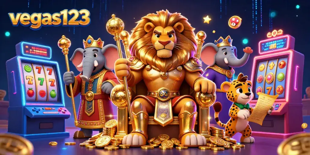 Menangkan jackpot di vegas123 dengan raja singa dan elemen mesin slot yang megah.