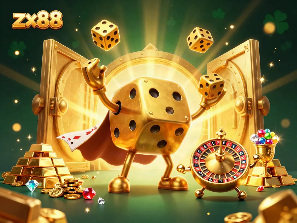 Experience thrilling gameplay at zx88 with our dynamic casino scene, showcasing golden dice and treasures.