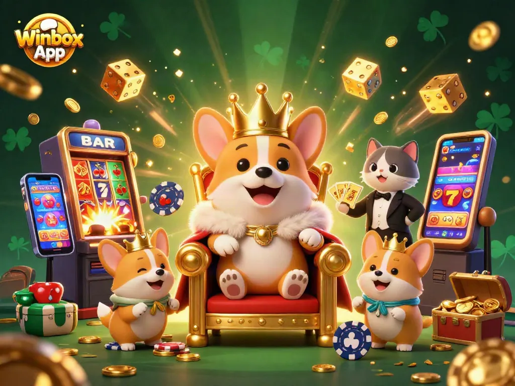 Engage with the vibrant Winbox App illustration showcasing a royal corgi on a poker throne amid a jackpot explosion.