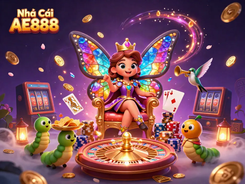 Experience the thrill of Nhà Cái AE888 with colorful casino elements and enchanting characters.