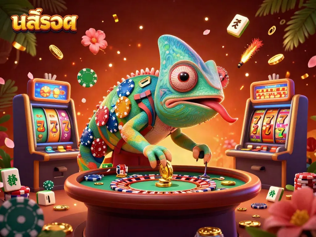 Experience the thrill of สล็อต with our vibrant casino scene featuring dynamic chameleon characters.