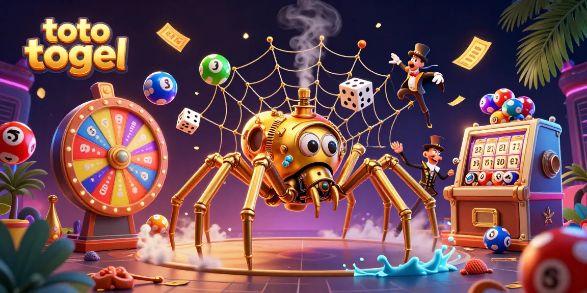 Engage in toto togel excitement with a captivating scene of a golden spider, lottery balls, and thrilling casino elements.