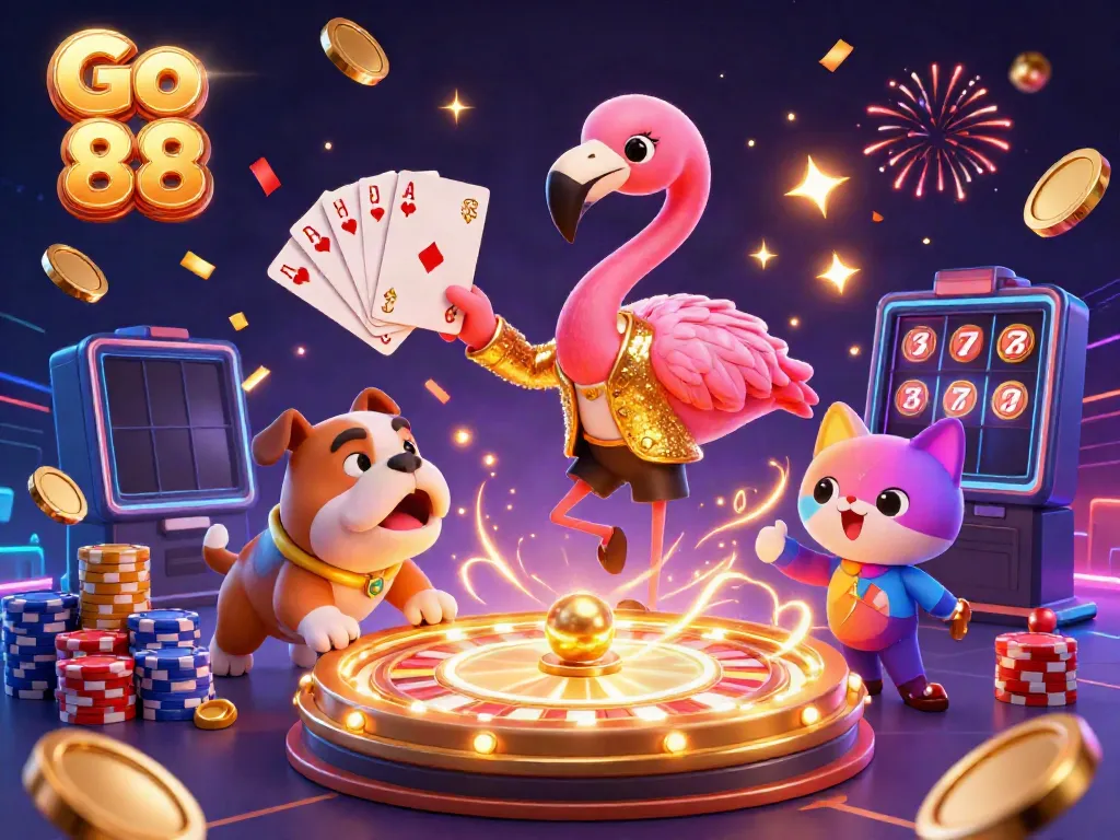 Experience excitement at Go 88 with a vibrant game show scene featuring a flamingo host and prizes.