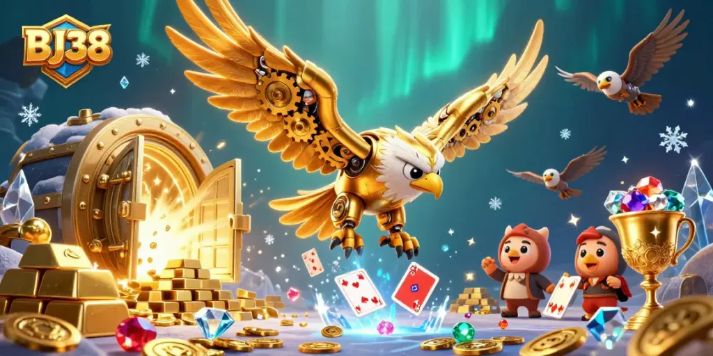 Experience thrilling wins and game excitement with BJ38, featuring a golden eagle amidst vibrant casino elements.