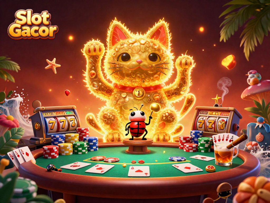 Experience the vibrant energy of Slot Gacor as golden fireflies create a lucky cat amidst rich casino elements.