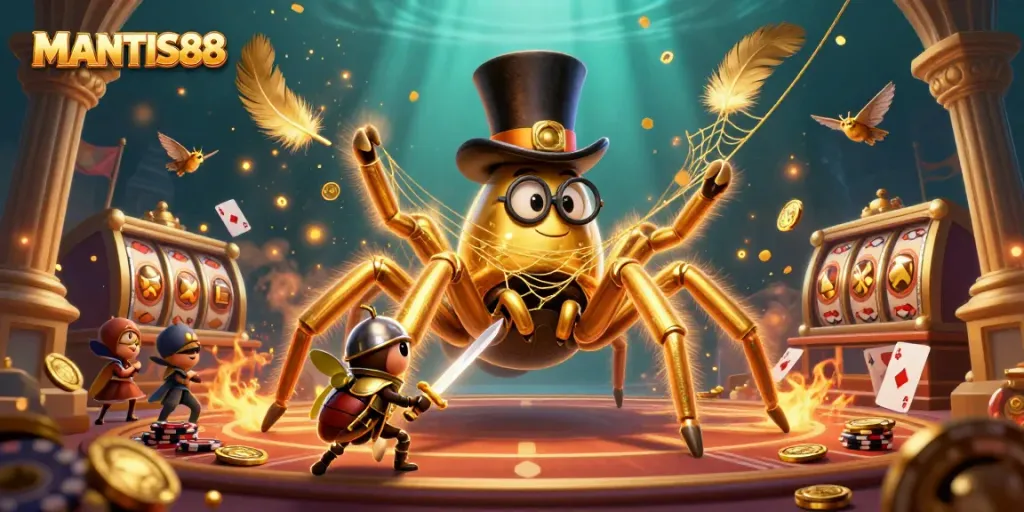MANTIS88 casino illustration featuring a golden tarantula, beetle knight, and vibrant gambling elements.
