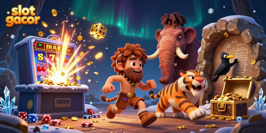 Permainan slot gacor dengan karakter lucu dan mesin slot yang penuh koin bersinar.