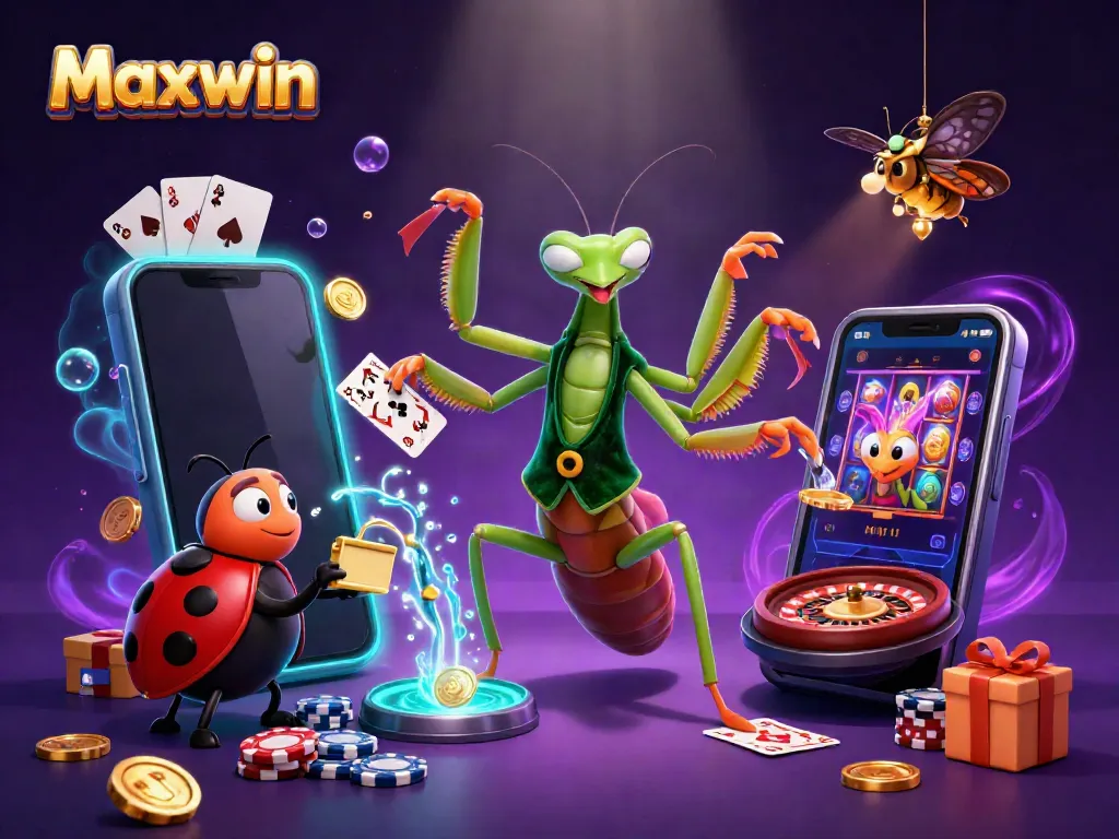 Maxwin casino scene showcasing a praying mantis card sharp and ladybug pit boss in vibrant gambling atmosphere.