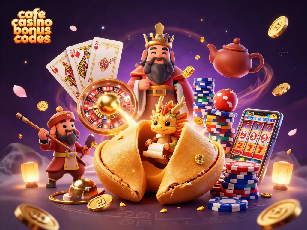 Explore current cafe casino bonus codes with vibrant casino-themed illustrated scene