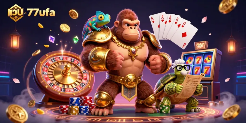 Join the action at เว็บ 77ufa and experience thrilling casino games with a regal gorilla king and colorful characters.