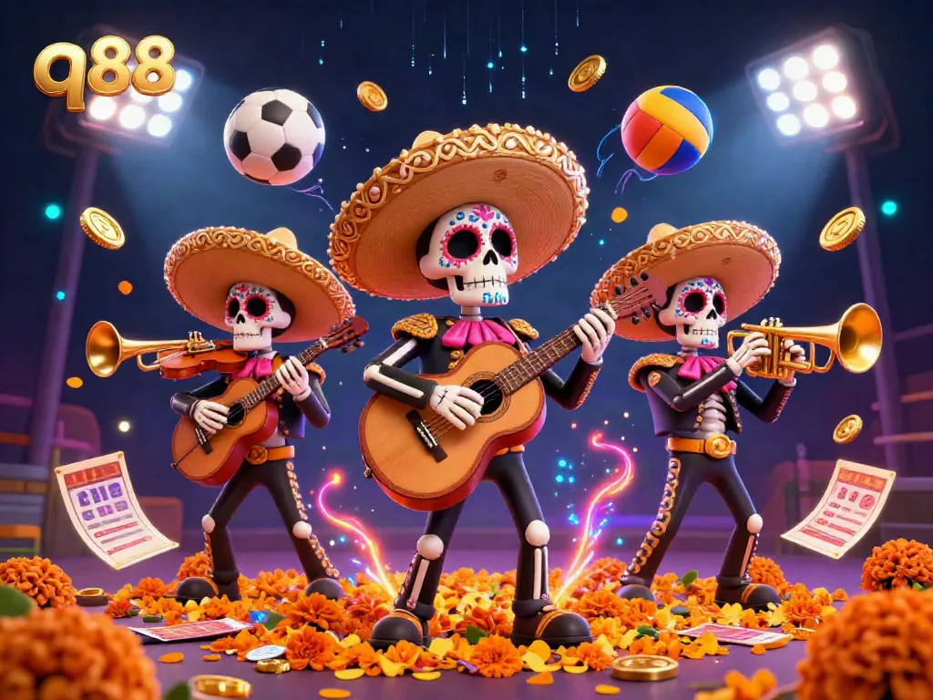 Join the fun at q88 with a lively Dia de los Muertos mariachi band amid exciting betting scenes.