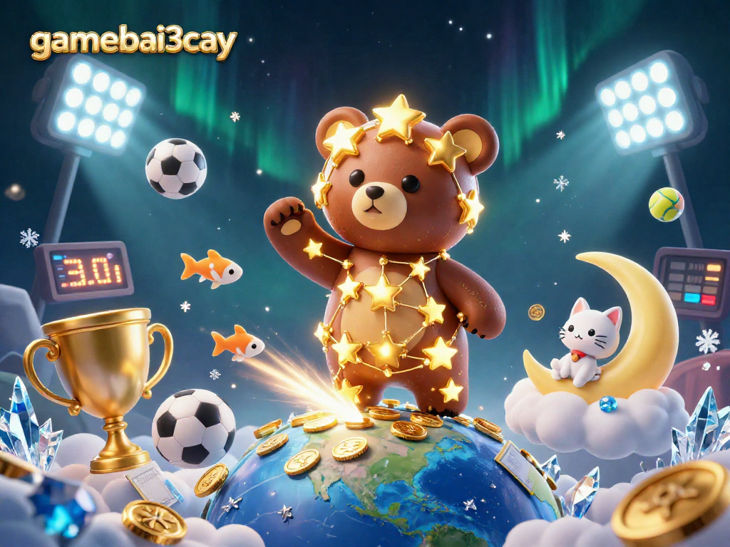 Engage with gamebai3cay, where a constellation bear scoops coins amidst dynamic sports elements.
