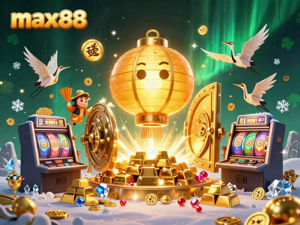 Experience the thrill of max88 with a vibrant 3D casino scene featuring a golden lantern spirit amidst slot machines and treasures.