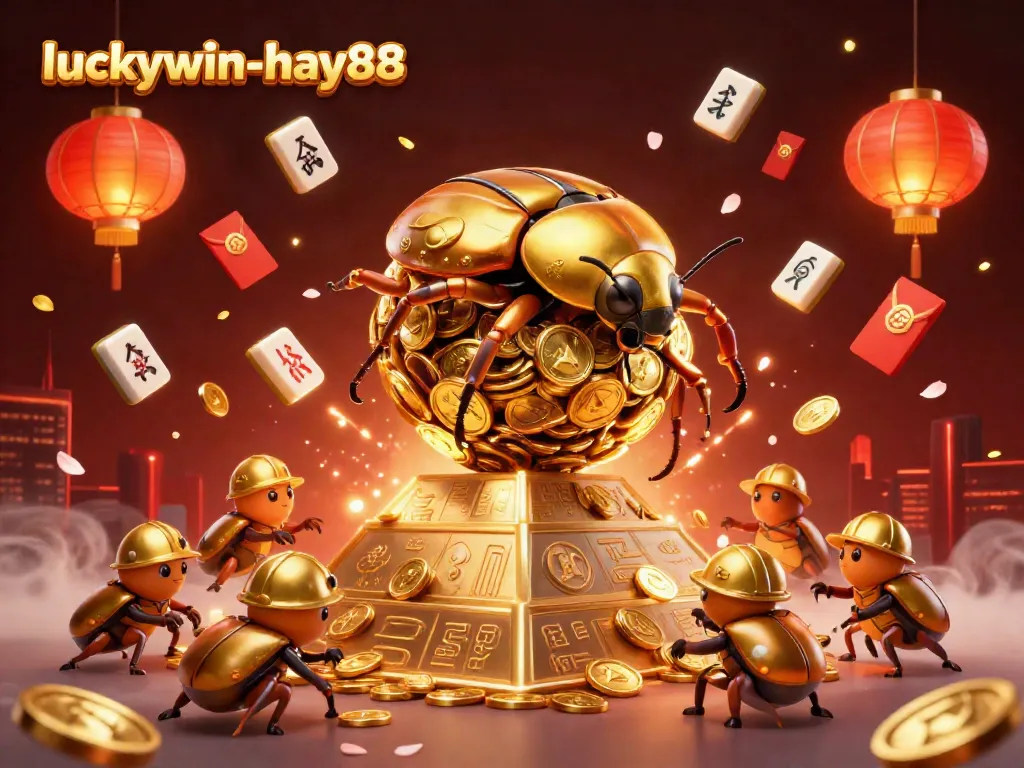 Luckywin-hay88 showcases a whimsical illustration with a golden dung beetle rolling coins amidst vibrant casino symbols in a rich, colorful setting.