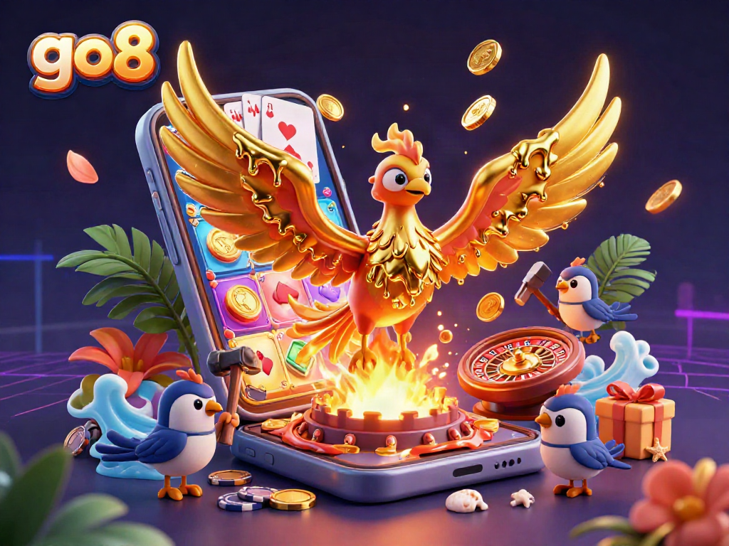 Engage with the go8 gaming experience, featuring a golden phoenix, slot games, and vibrant casino elements.