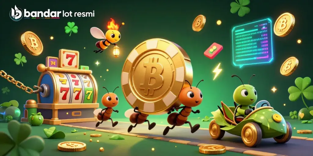 Kartun semut yang membawa chip poker di bandar slot resmi dengan elemen slot dan koin cryptocurrency.