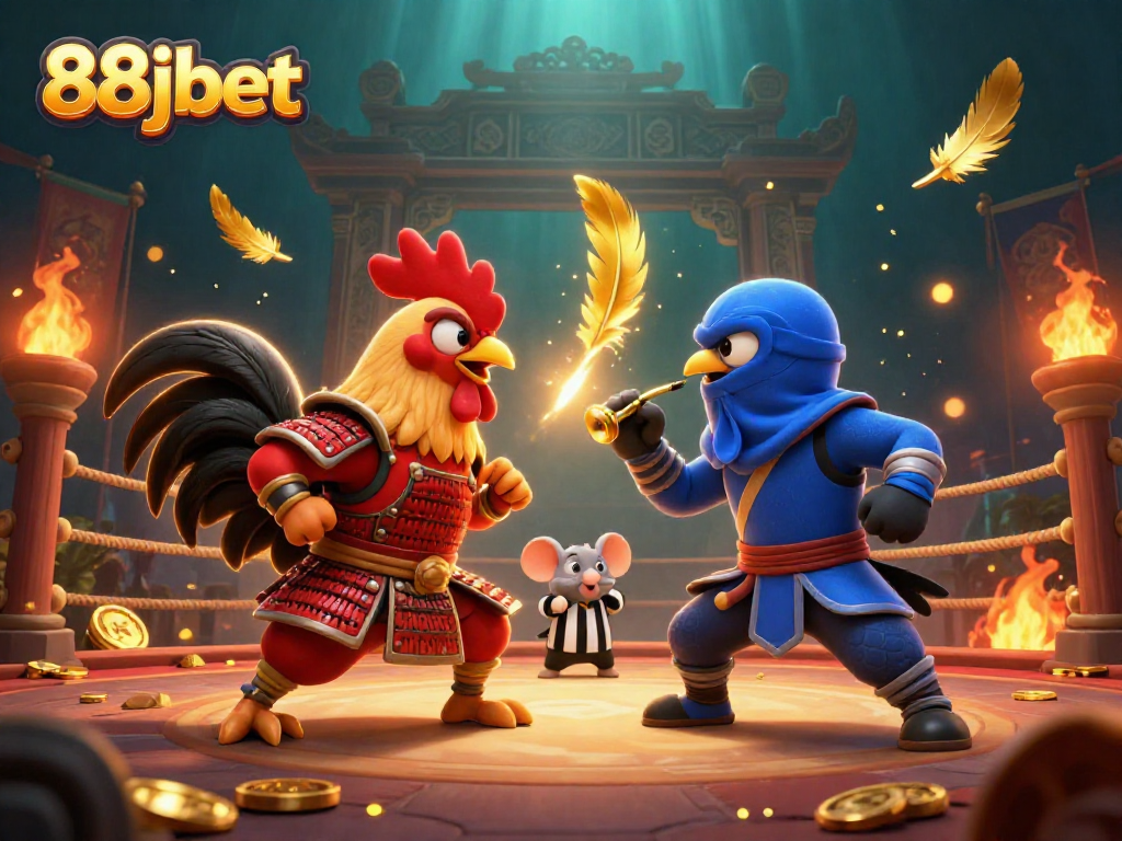 88jbet features intense roosters in combat, surrounded by vibrant casino elements and dynamic effects.